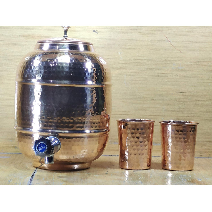 Ручний диспенсер для води з чистої міді 4 л Matka Ayurveda, набір із 2 склянок та пляшки, hammered copper, для зберігання та подачі води