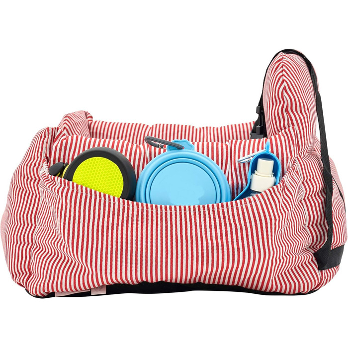 Автокрісло для собак Bloblo – для маленьких та середніх собак, цуценят. З кишенькою та страхувальним ременем. Зручне та безпечне автоліжко (Червоний, смужки)