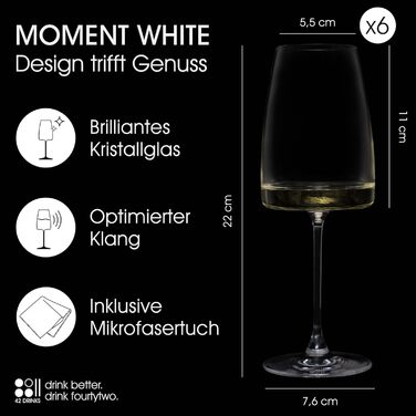 Набір білих келихів 6 шт. об'ємом 420 мл з мікрофіброю – Елегантні келихи для вина та Aperol Spritz – придатні для миття в посудомийній машині, безпечно упаковані, Made in Europe