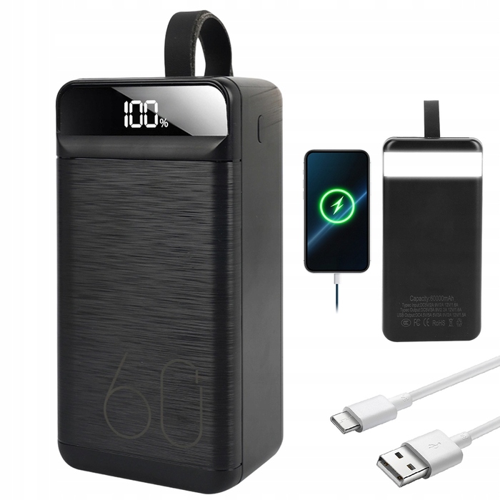 Повербанк 60000 mAh з 3 USB-портами та LED-індикатором для зарядки телефону