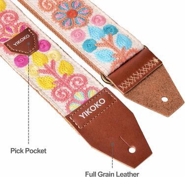 Гітарний ремінь 5,1 см з бавовни з шкіряними кінцями для бас, електро- та акустичних гітар (Квіткова візерунок 01)