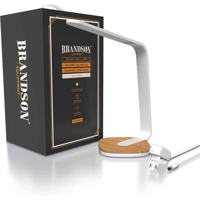 LED лампа настільна Brandson з деревом, регульована яскравість, 5 рівнів, 3 температури світла, для очей, 450 люмен, сенсорне управління, для офісу, читання, навчання, біла
