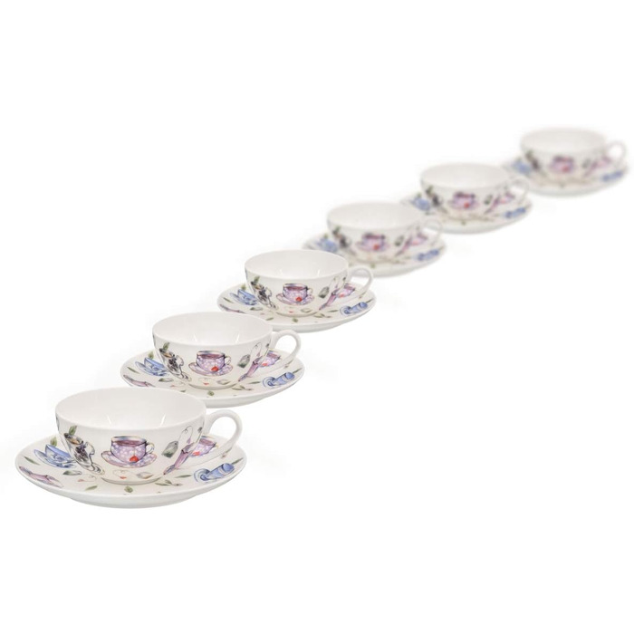 Tea cup set made of fine bone china porcelain. 6 teacups, each 150ml, and 6 saucers with a stylish cup design.