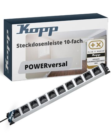 Steckdosenleiste Kopp POWERversal 10-fach, срібно-чорна, IP20, 1.4м, 90° кут, захист від дотику