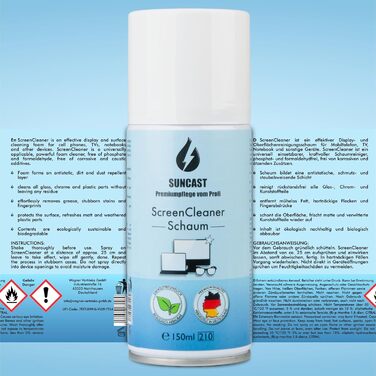 Набір для чищення екранів SUNCAST 2х150 мл з мікрофіброю - піна для телевізора, ноутбука та монітора. Зроблено в Німеччині