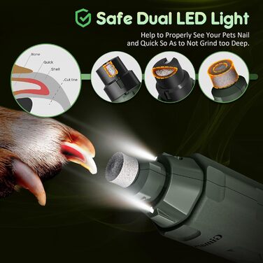 Шліфувальник для собак та котів Gimars 6-ступінчатий з LED-підсвіткою, тихий, 12000 обертів/хв, USB, для великих, середніх та малих тварин (Army Green)