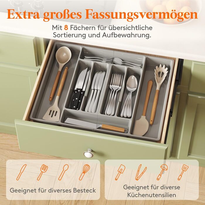 Органайзер для столових приборів Lifewit, 51.6x42 см, для 60 предметів, знімний тримач, пластиковий лоток для ложок, виделок, ножів у шухляду