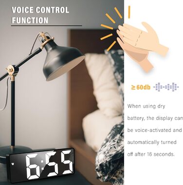Цифровий будильник JQGO з LED дисплеєм, USB-кабель, регулювання яскравості, показник температури, функція відкладання, голосове керування, для спальні (білий/чорний)