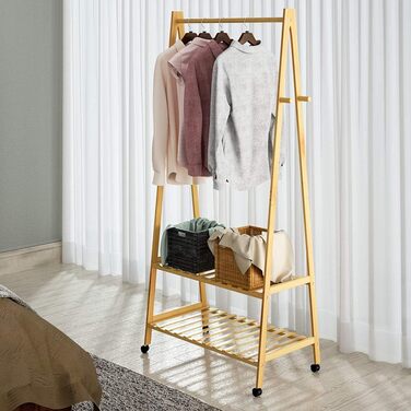 Casaria® Clothes Rack on Wheels Wood Stable Bamboo Clothes Rail Narrow with 4 Hooks 2 Shelves Open Coat Rack 155x70cm Entryway Coat Stand