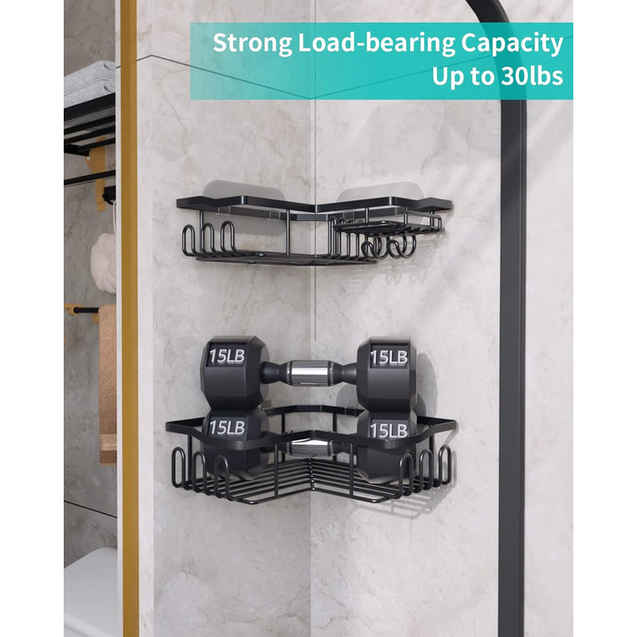 Дзеркальна поличка для душу HapiRm без свердління - органайзер для ванної кімнати та кухні з 11 гачками, мильниця, тримач для бритви, кріплення на присосках, 3 наклейки