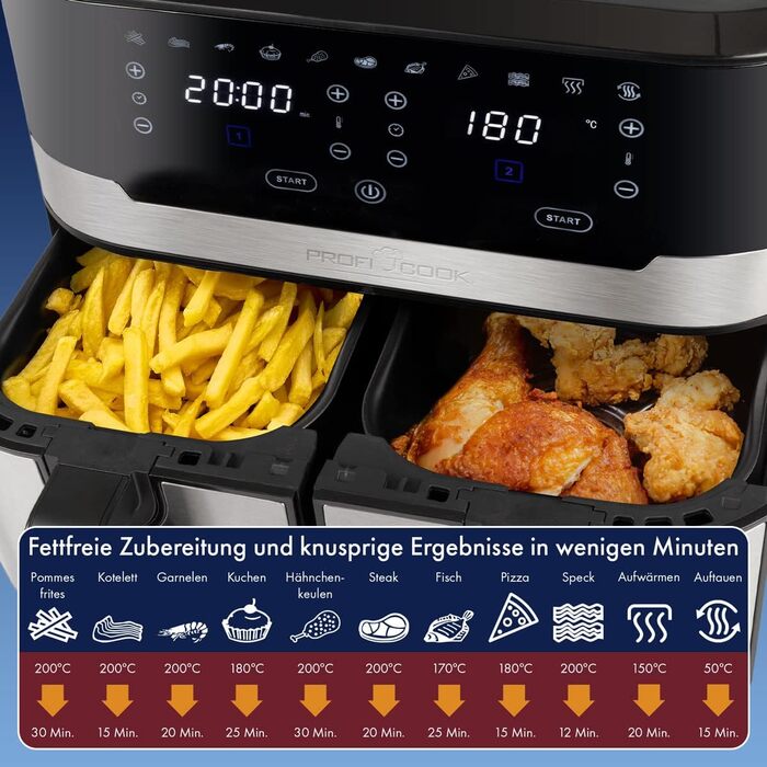 Подвійна аерофритюрниця ProfiCook 9 л XXL, 2400 Вт, 9 програм, сенсорне керування, чорний-нерж, без олії