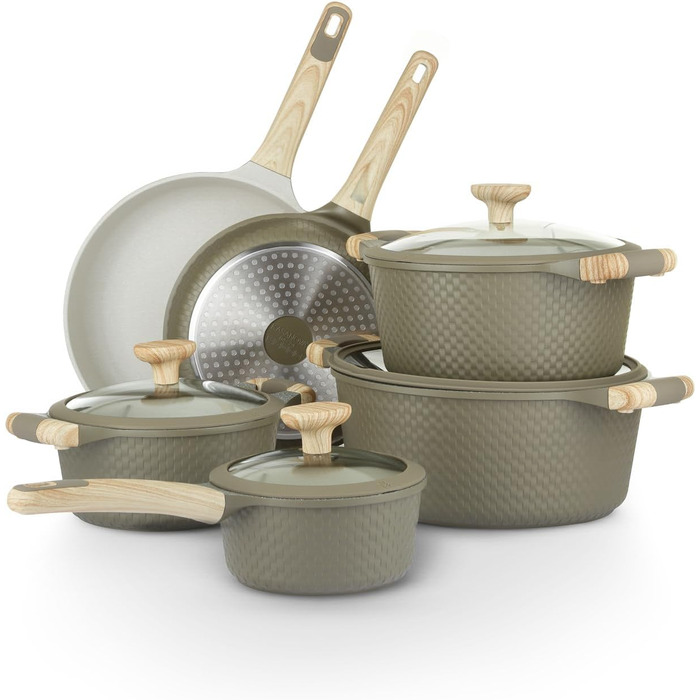 Набір посуду KASANOVA Bambù з антипригарним покриттям, 10 предметів, індукція, скляні кришки (Зелений та Кремовий)