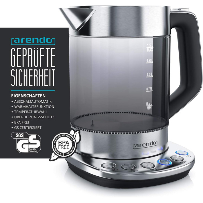 Електричний чайник Arendo з регулюванням температури, 1.5 л, скло, нержавіюча сталь, підтримання тепла 30 хв, Borosilikatglas, сучасний дизайн