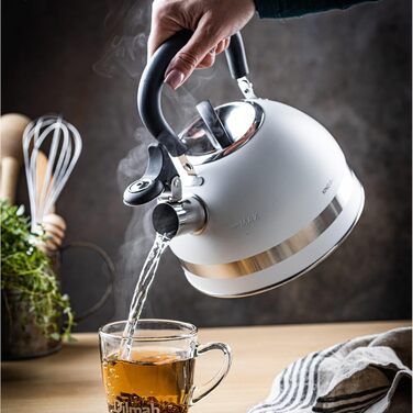 Чайник Kinghoff 1.8L з нержавіючої сталі з свистком, для індукційних плит, компактний, з нержавіючої сталі, матовий білий