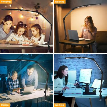 LED лампа для столу AILBTON з кліпсою, гнучка 4-секційна з 3 джерелами світла, 4 колірні температури та 5 рівнів яскравості, захист очей для дому та офісу