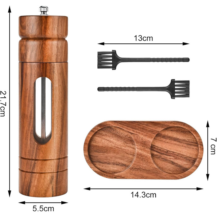 Herboom Salt and Pepper Grinder Wooden 2-Piece Set with Coasters, Cleaning Brush, Manual Ceramic Grinder Salt Mill Spice Grinder, for Pepper Salt Spices
