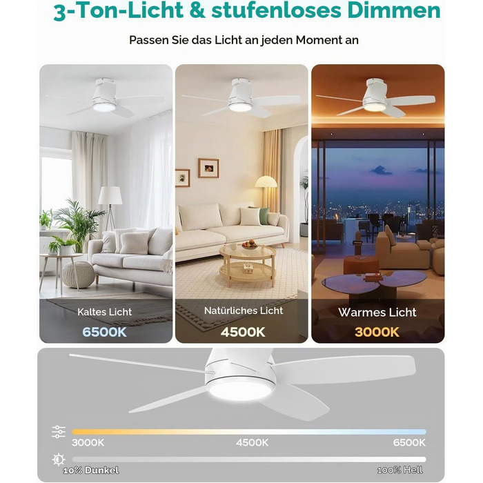 Стельовий вентилятор з LED-освітленням 106 см, 5 реверсивних лопатей, DC-мотор, дистанційне керування та APP, димований світловий потік, таймер 1/4/8 год, білий