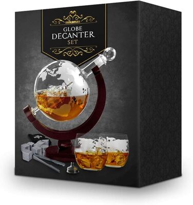 MikaMax - Globus Decanter Set - Whiskey Decanter - with two glasses - Whiskey set - Funnel included - Handcrafted - Transparent - 850 ML - Airtight closure - Men's gift