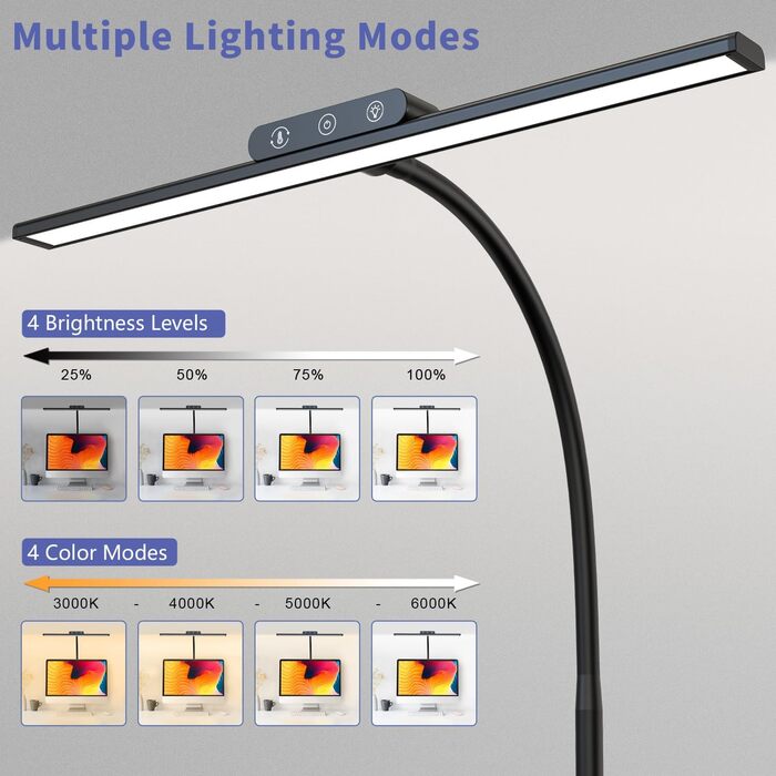 LED Desk Lamp with Adjustable Neck, 1200 Lumens, Dual Head Clamp-On for Home Office, Eye Protection, Gooseneck, Office Table Lamp, Monitor Light with 5 Color Temperature & Brightness Levels (Black-Metal Base)