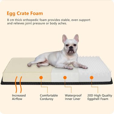 Ортопедичне ліжко для собак, 10 см товщина, для середніх та великих собак, знімний та пральний килимок, неслизьке дно, водонепроникне внутрішнє покриття, 112 см, оливковий колір (L 76 x B 51 x H 8 см, бежевий)