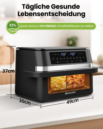 Аерофритюрниця WELLENT 12L Dual Zone XXL - 2950W з двома камерами (6+6L) з оглядовим вікном, функцією Match & Sync, нагадуванням про струшування, придатна для миття в посудомийній машині