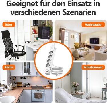 Мережевий фільтр 4 розетки з 2 USB-A та 2 USB-C (PD20W), захист від перенапруги, вимикач, 2м кабель, для дому/офісу, білий