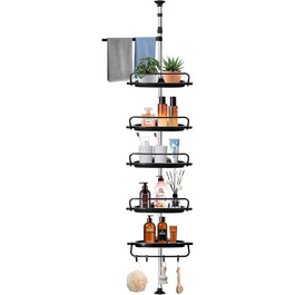 NEMMXUB Telescopic Shower Shelf No Drilling, Height-Adjustable Corner Stainless Steel Corner Shelf Bathroom Shelf with 5 Baskets and 1 Towel Holder, 4 Hooks for Shower, Bathroom, and Household, Height Adjustable from 95-320 cm