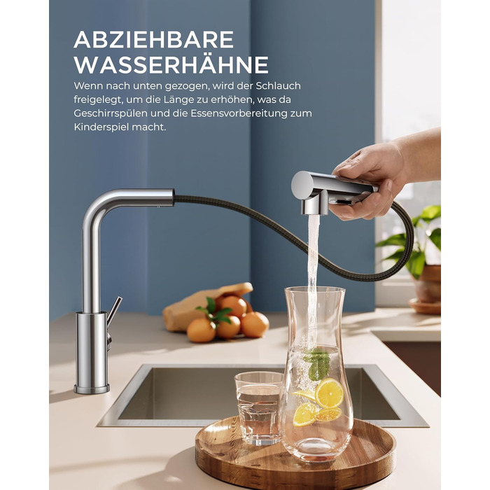 Змішувач для кухні FORIOUS висувний з душем, кухонний, L-подібний, 360° поворот, 2 режими, полірований хром