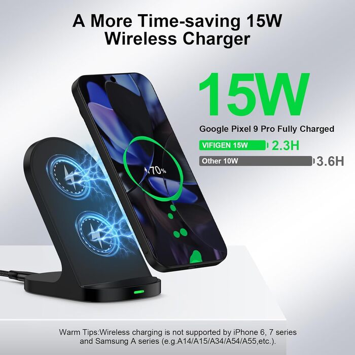 Бездротовий зарядний пристрій 15W Stand для Samsung Galaxy S25/S24/S23/S22/S21 FE та iPhone 16/15/14, Google Pixel 9/8/7/6 (Білий/Чорний)