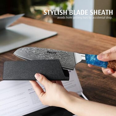 Японський ніж Hecef Damast з високоякісною ручкою з харчової смоли, 20 см. Професійний ніж для кухні з 67 шарів дамаської сталі, гострий, з захистом для леза. Ідеальний подарунок шеф-кухарю та поціновувачу кулінарії.