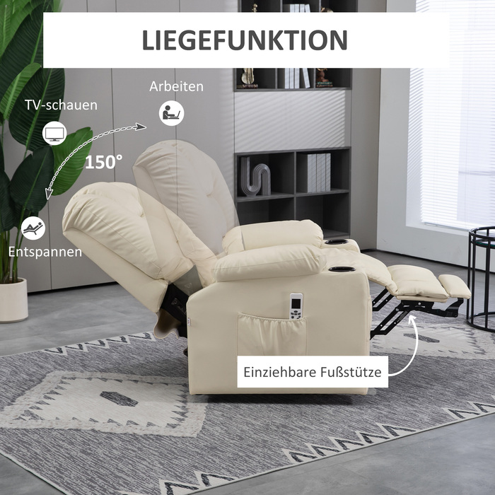 HOMCOM Electric Recliner with Lift Assist, USB Massage Chair with Remote Control, Wheels & Cup Holder in Cream