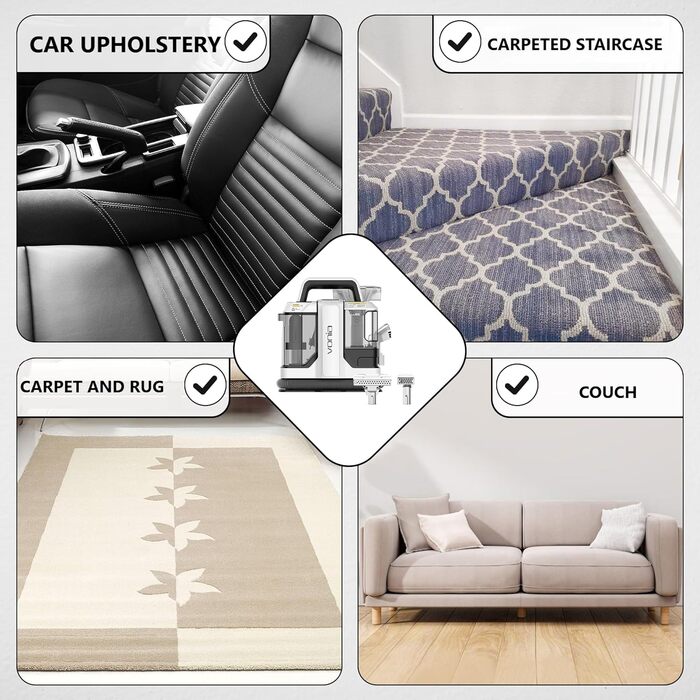 Мийний пилосос Vonia для килимів та м'яких меблів – потужний 450W, сила всмоктування 11 kPa, 2 насадки, шланг 1,2 м – ідеально для авто, диванів, килимів та м'яких меблів (білий)