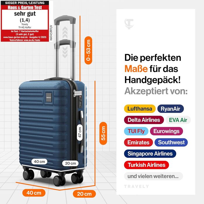 Чемодан ручної поклажі Travely Premium 55x40x20 см - 36 л, з TSA замком, синій. Підходить для Ryanair, Lufthansa, Eurowings