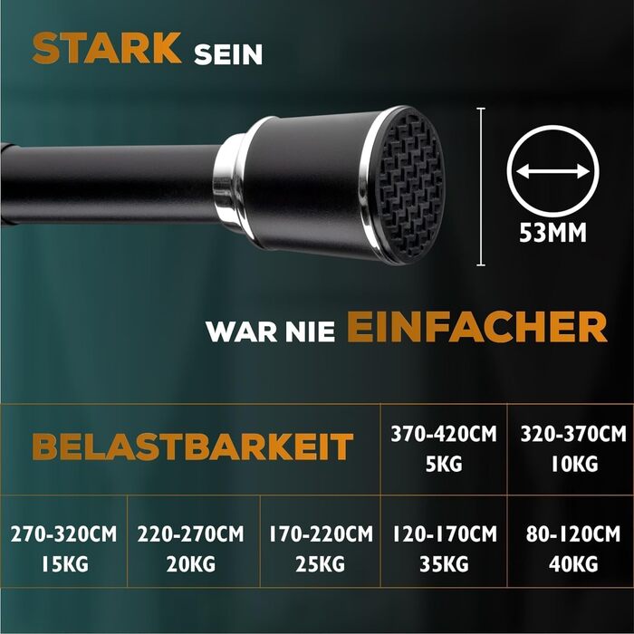 Штанга для штор Ø 32 мм, без свердління - для душу, вікна, кімнати, кухні (370-420 см, Чорний)