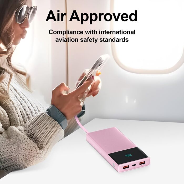 Портативний зарядний пристрій Power Bank 13000mAh з 2 вбудованими кабелями, LED-дисплеєм, рожевий