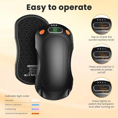 Електричний підігрівач для рук 2 шт. з регулюванням температури (45°C, 50°C, 55°C), 5000mAh, магнітний, компактний, чорний