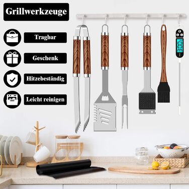 Grilliance 26-Piece Stainless Steel Grill Accessory Set - High-Quality BBQ Grill Utensil Case - Perfect Grill Tool Set for Men - Gift with Portable Storage Case and Meat Thermometer - Brown
