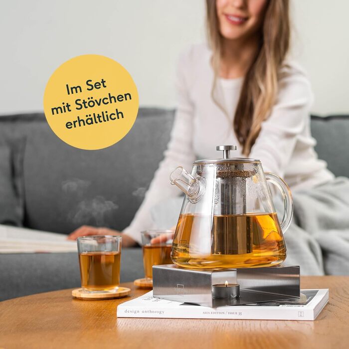 Teapot Glass 1.5 Liter - with infuser insert & lid - Infuser for hot drinks & Cold Brew Tea - Ideal for Stovetop