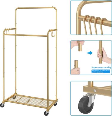 Clothes rack with double bar, sturdy clothes rack on wheels for hanging clothes, with 4 hooks, gold