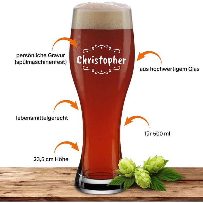 Склянка для пива з іменем або побажанням, 0,5л, з гравіюванням, індивідуальний подарунок, персоналізована склянка для пшеничного пива (оздоблення 02)