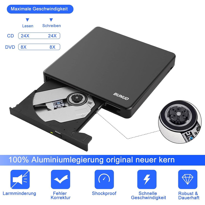 Зовнішній CD/DVD привід BU USB 3.0 & Type-C, DVD+/-RW Brenner з картридером SD/TF та USB-портами для ноутбука, ПК, MacBook, Windows 11/10, macOS, чорний