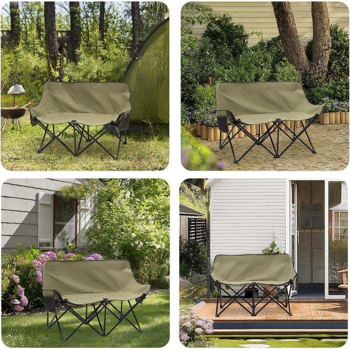 Складане кемпінгове софа для 2 осіб - портативний стілець для кемпінгу з підлокітниками та сумкою, ідеально підходить для пікніків, кемпінгу, саду, балкону, намету та риболовлі (Оливковий, 110 см)