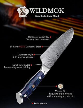 Японський кухонний ніж Santoku WILDMOK 17 см, сталь VG10 Дамаск, синій ергономічний руків'я для кухні