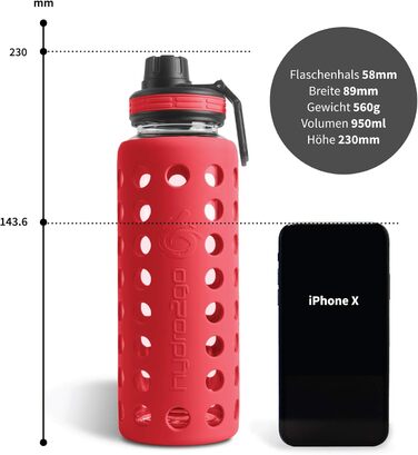 Пляшка для води Hydro2Go Glas Urban Red 2.0 950 мл з силіконовим чохлом та соломинкою, BPA-free, герметична, для посудомийної машини