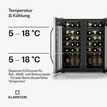 Klarstein 33-Bottle Freestanding Wine Refrigerator with Dual Zone Cooling & Glass Door - Indoor/Outdoor Beersafe with LED Lighting