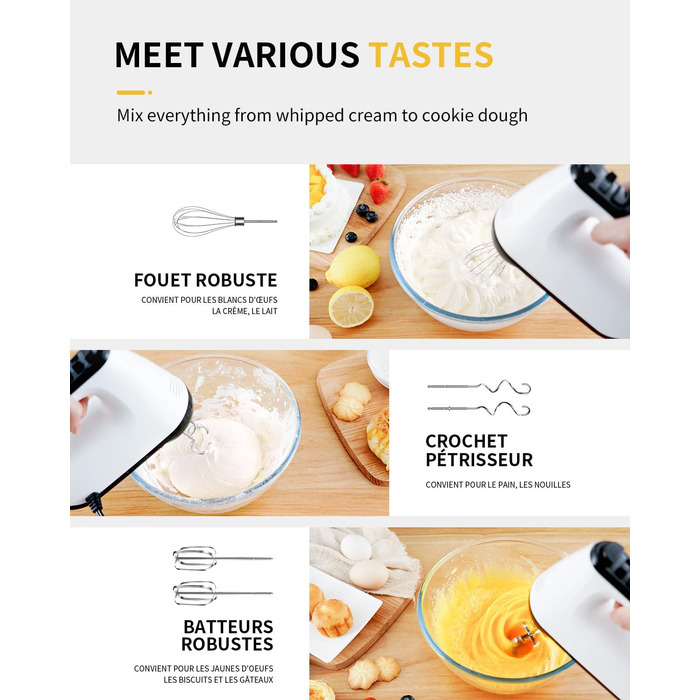 Електричний ручний міксер 6 швидкостей з турбо-режимом, без розбризкування, 400W, тихий мотор, білий, з аксесуарами з нержавіючої сталі
