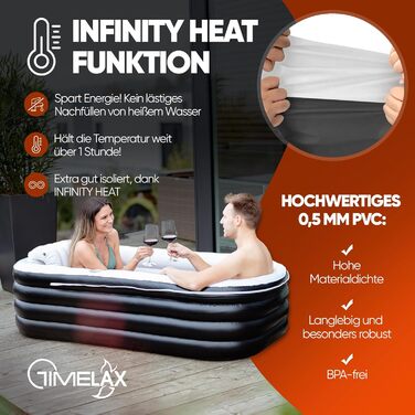 Надувна ванна TIMELAX® XL з ергономічною спинкою | 0,5 мм PVC, без BPA | Мовна, розкладна, для дорослих, чорна