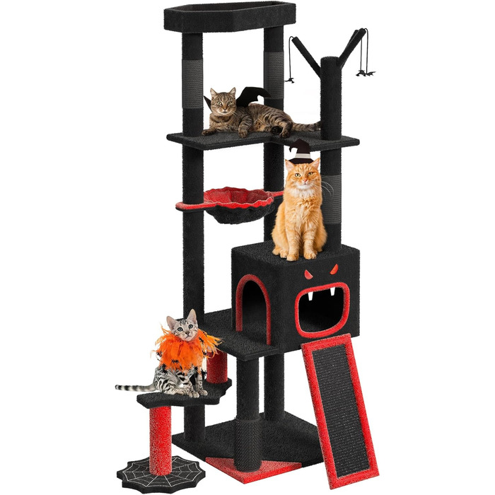 Кігтеточка YITAHOME Готичний XL, 160 см, з 4 колонами з сизалю, платформа для сну, гамак, кулі-іграшки, чорна