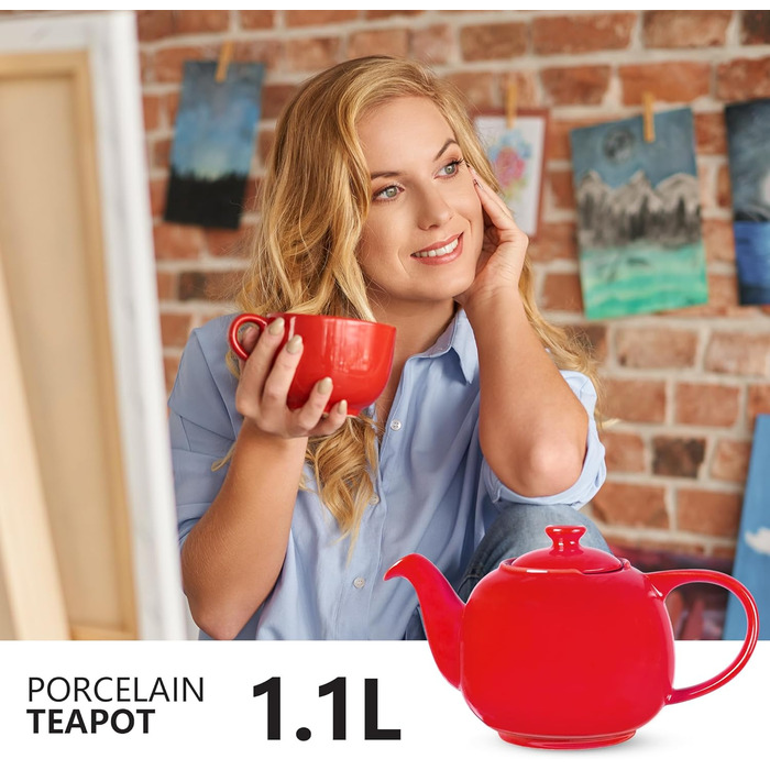Teapot with infuser, Swansea Sea Green 1.1 L with filter, made of porcelain by URBAN LIFESTYLE, a drip-free teapot. Teapot with infuser, porcelain (Red)