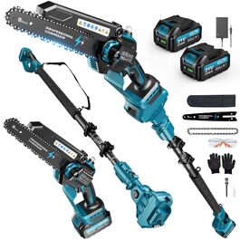 Міні-ланцюгова пила електрична 8 дюймів з 2 акумуляторами 21V 8000mAh, безщітковий двигун 1200W, ручна акумуляторна пила для обрізки гілок та садових робіт (Ceruleanblau)